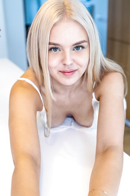 Adorable blue eyed teen Decima exposes her titties and hot ass in a solo