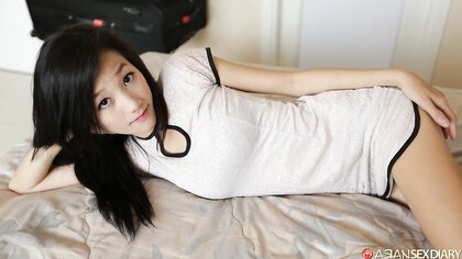 Asian girl Mi shows off her petite body & gives a big dick a POV ride