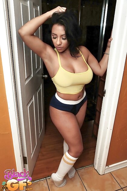 Thick ebony girlfriend in shorts sucking cock POV & getting covered in cum